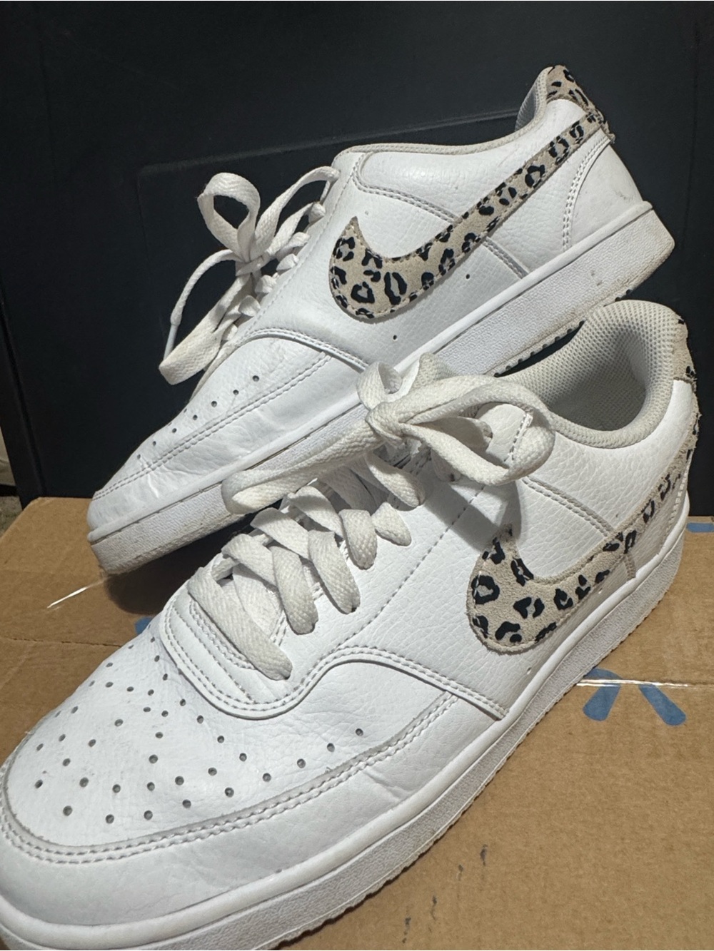 Nike Women’s White Low-Top Sneakers with Leopard Swoosh Accents